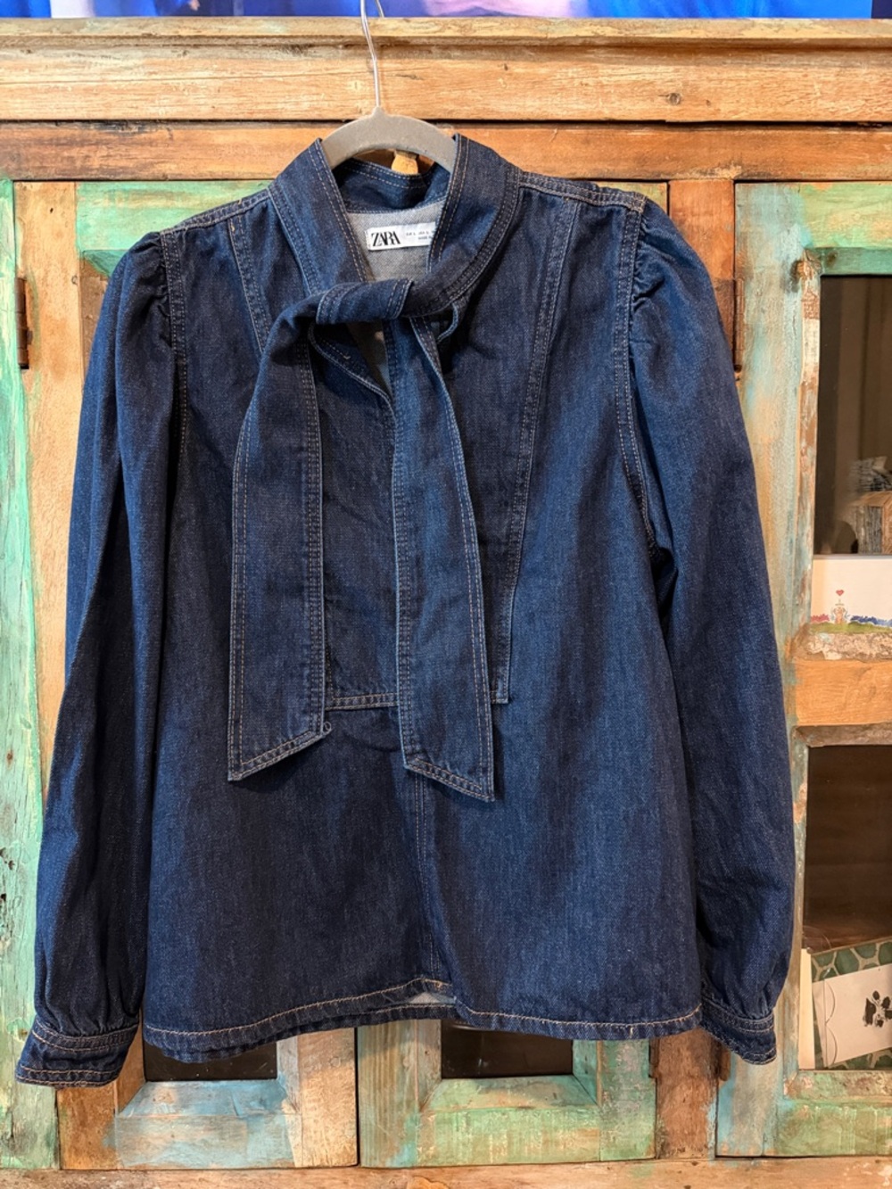 ZARA Dark Indigo Denim Tie-Neck